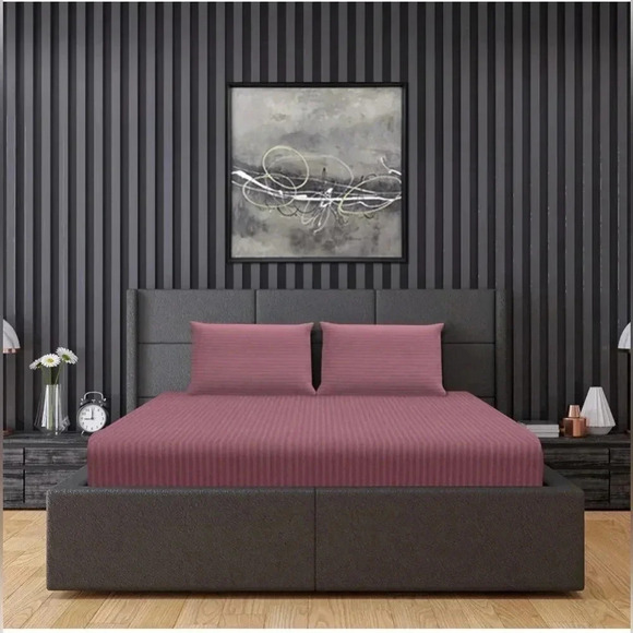 Trident Twin Sheet Set 300 TC Sateen Stripes Dark Pink Twin Size New - Picture 2 of 10